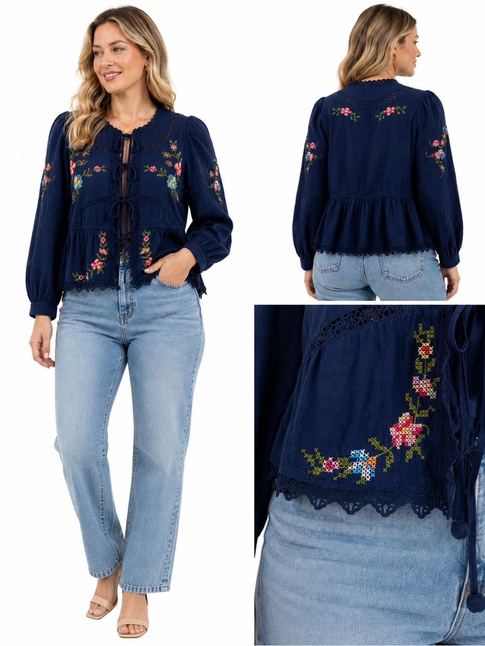Size XS Jennifer & Grace Women’s Navy Embroidered Floral Tie-Front Blouse - Picture 2 of 11